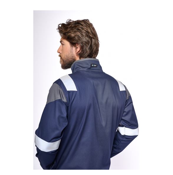 Cazadora Sioen Bennu multinorma, con protección arco eléctrico (APC1), repelente de químicos y bandas reflectantes (EN17353), certificada para 100 lavados industriales.