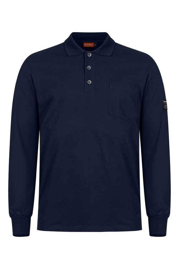 Polo màniga llarga ignífug inherent Tranemo 594589, arc elèctric, sense elements metàl·lics, modacrílid i cotó reciclat, sense PFAs.